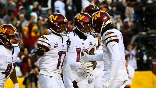Washington Commanders receivers Terry McLaurin (17), Jahan Dotson (right), and Curtis Samuel (10)